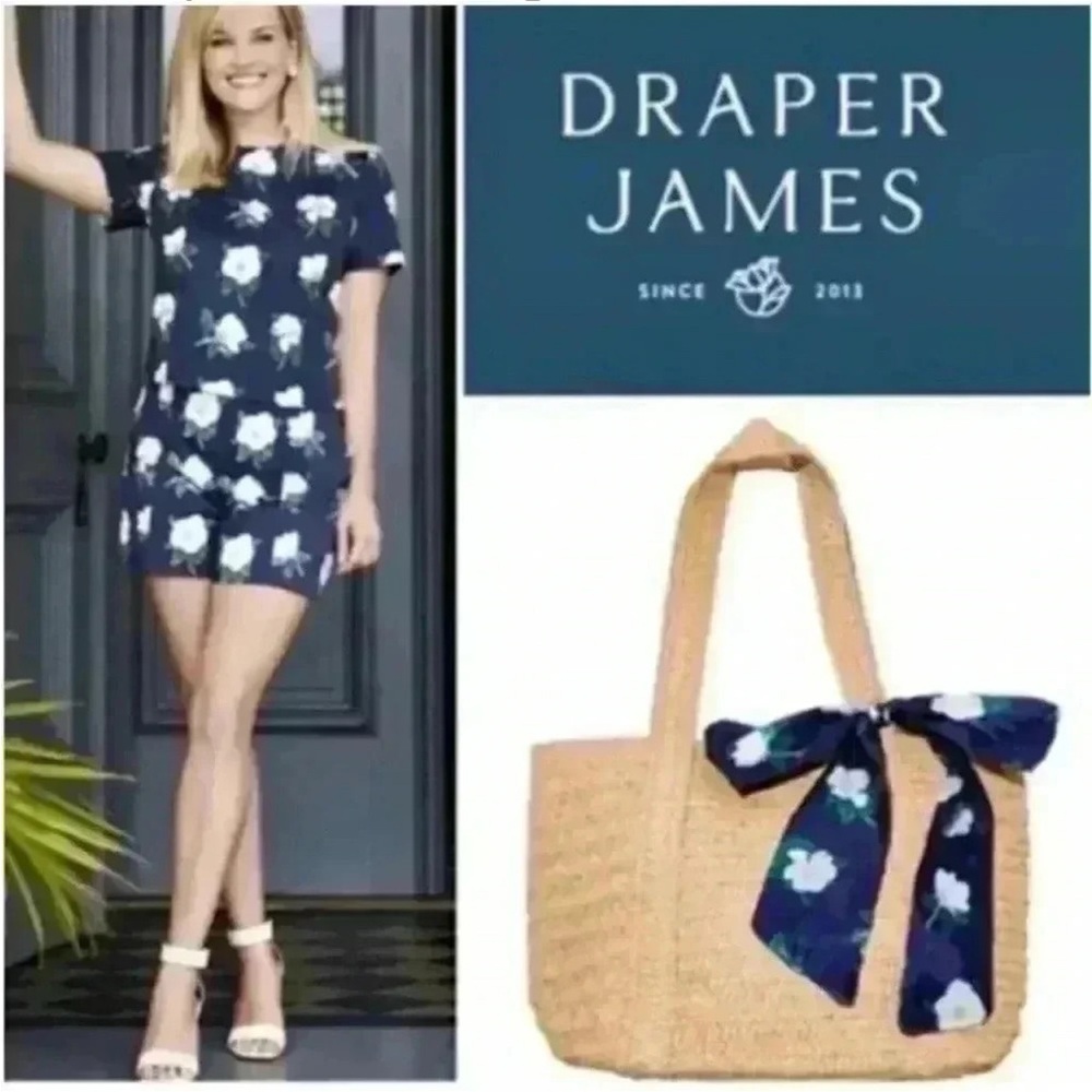 Draper James Tan Woven Tote with Blue Floral Scarf